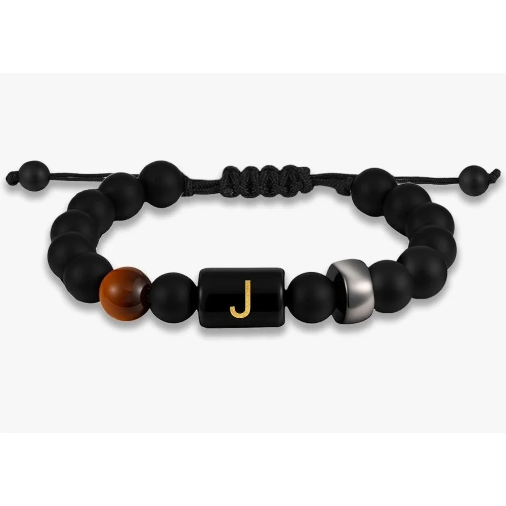 Mens Black Agate Tiger Eye Beaded Bracelet‎ Letter J Initial Adjustable